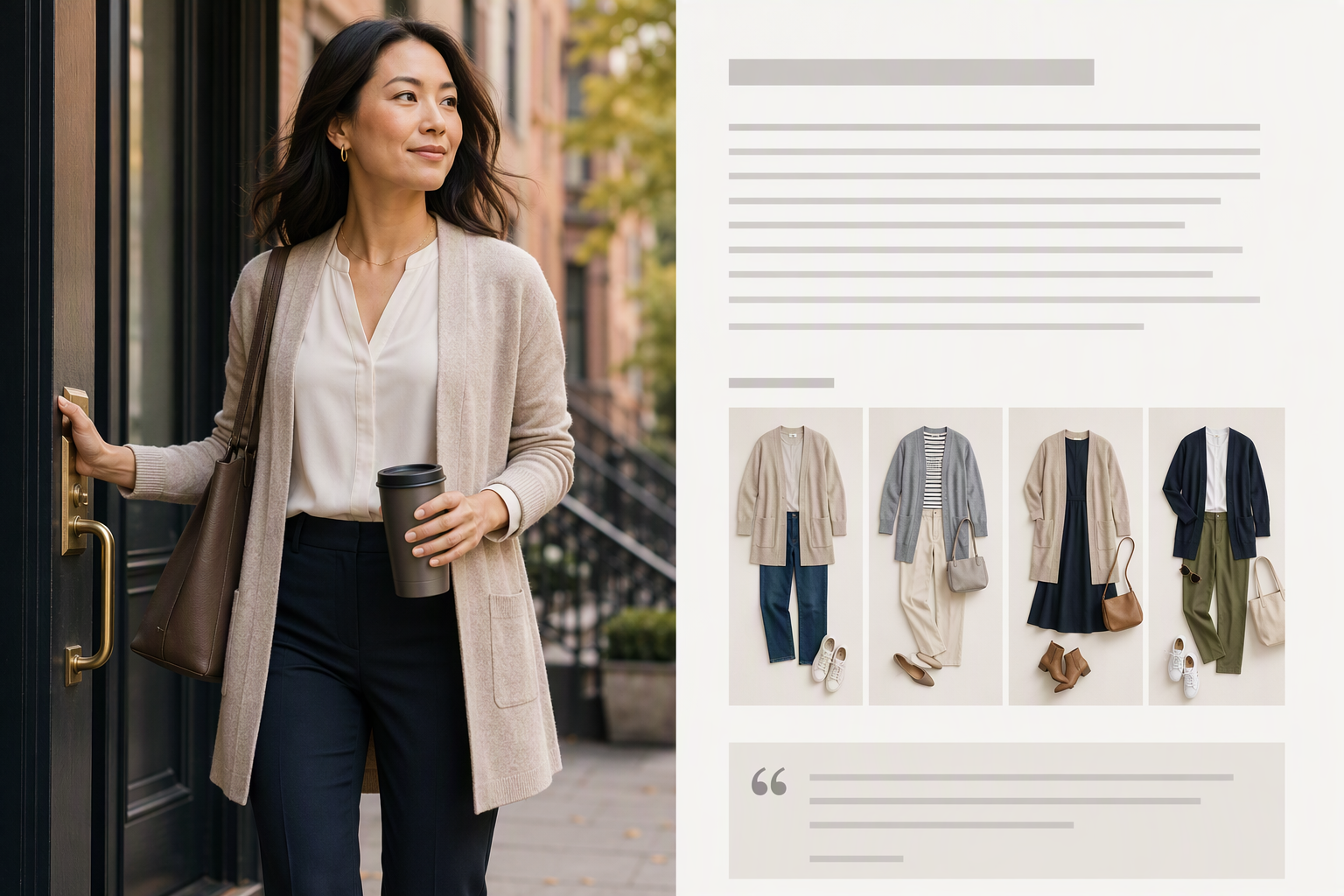 Adult woman in a neutral best cardigans for women editorial lifestyle scene