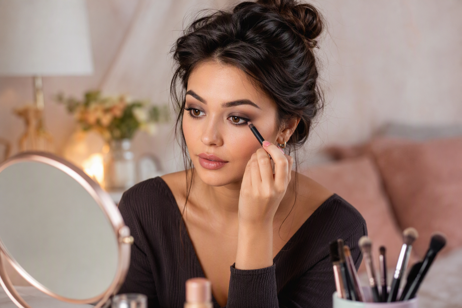 Adult woman applying unbranded eyeshadow near a softly lit vanity mirror