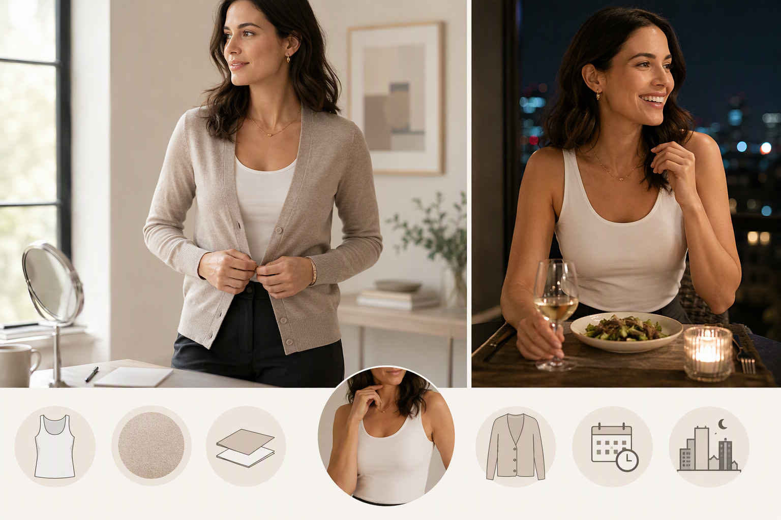 Adult woman in a neutral best tank tops for women editorial lifestyle scene