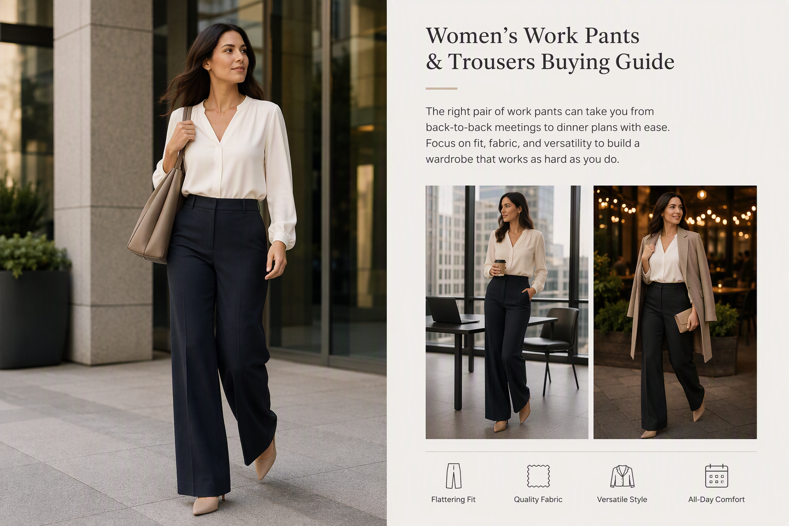 Adult woman in a neutral best work pants for women editorial lifestyle scene