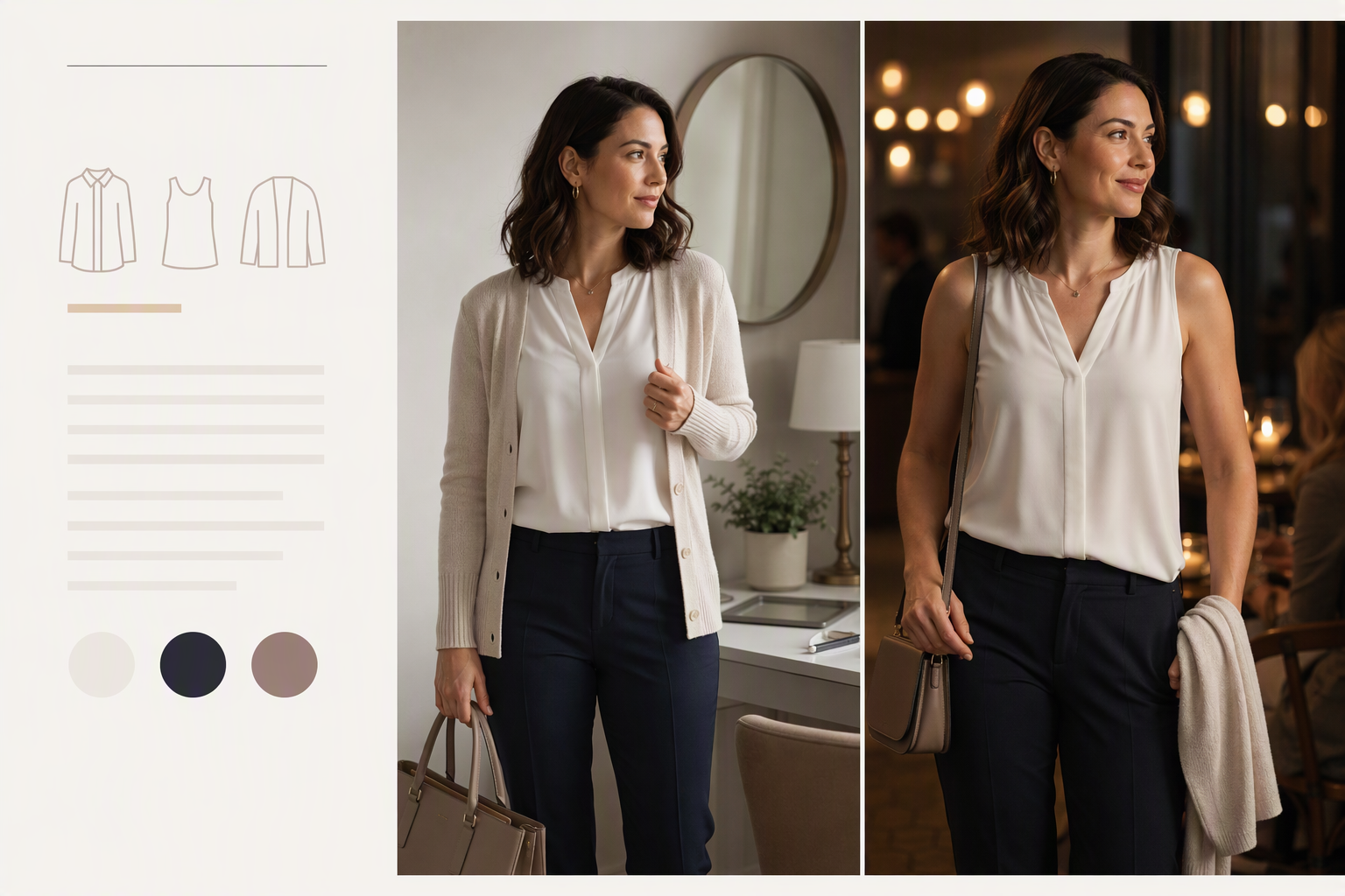 Adult woman in a neutral work blouses for women editorial lifestyle scene